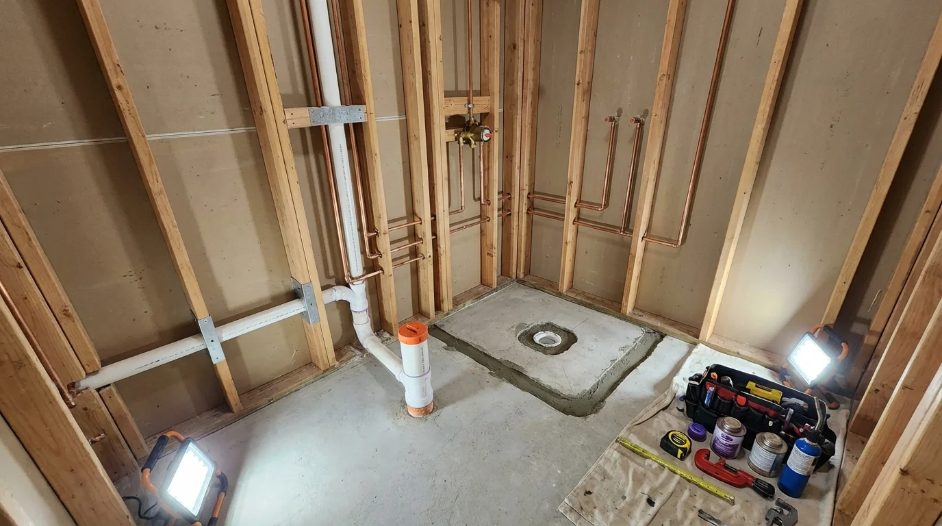 Bathroom rough-in plumbing during remodel by Johns Plumbing LLC in Braddock
