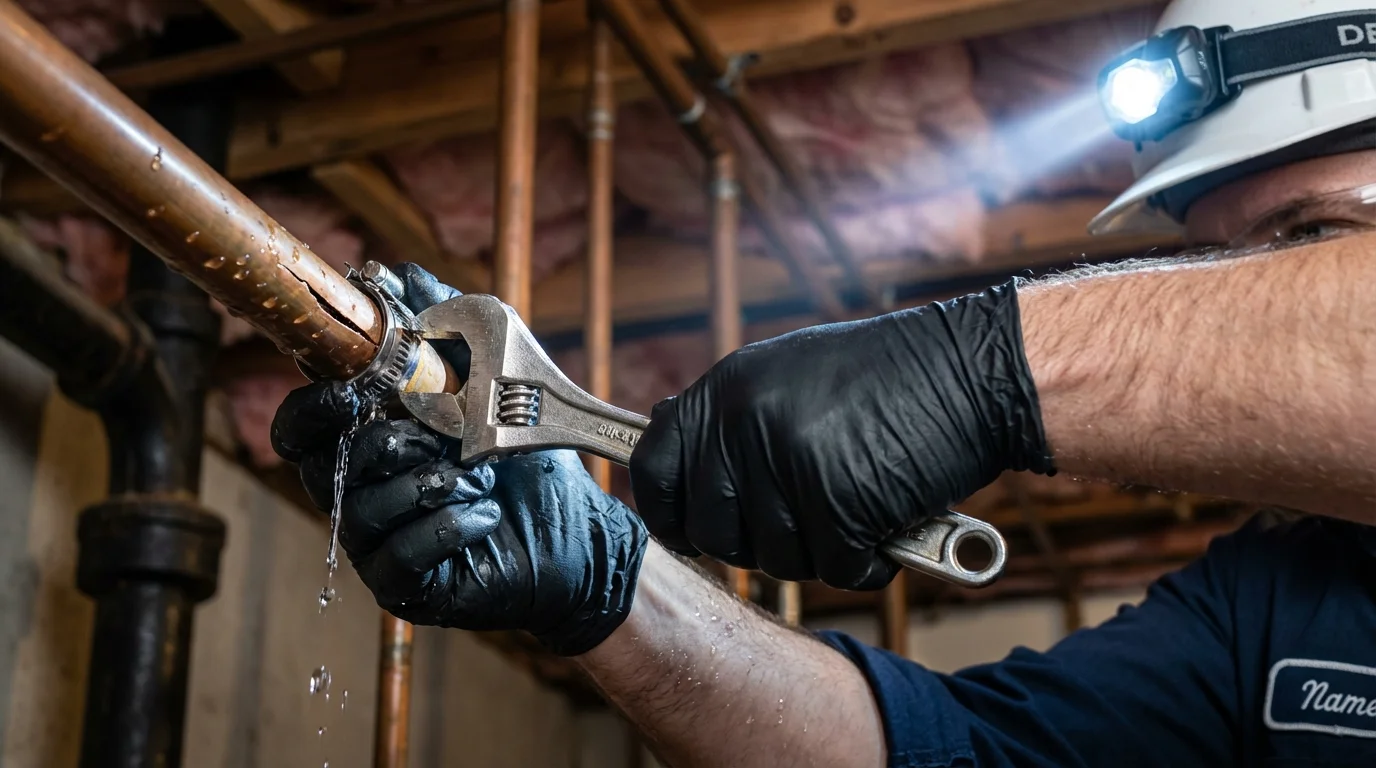 Emergency pipe clamp repair being performed by a Johns Plumbing LLC plumber in Braddock